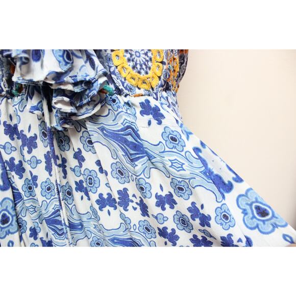 ALTERED Rococo Sand Blue Tile Silk Crepe Ruffle Tassel Maxi Dress Small - Picture 8 of 16